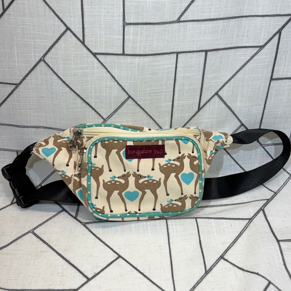 Bungalow 360 Fanny Pack OS Tan Deer Heart Print Vegan Canvas Waist Bag